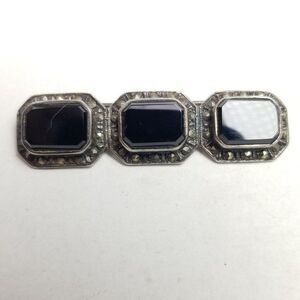 Vintage Sterling Silver Black Onyx and Marcasite Panel Bar Brooch, Estate